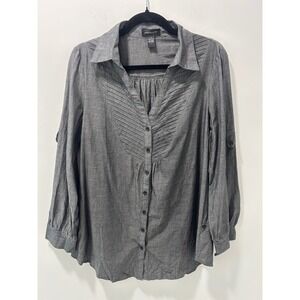 Industry 212 Womens Grey Pintuck Button Front Roll Tab Sleeve Cotton Blouse L